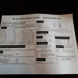 The Elm's Pizza Parlor - 2024 menu