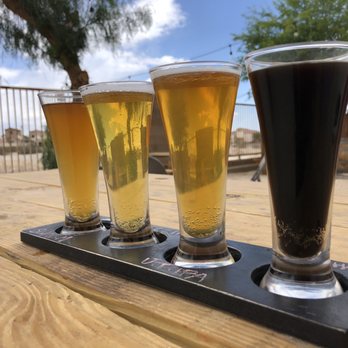 Coachella Valley Brewing - Flight in the beer garden - Breweries Near Me - Thousand Palms, California Coachella Valley Brewing - Flight in the beer garden - Breweries Near Me - Thousand Palms, California