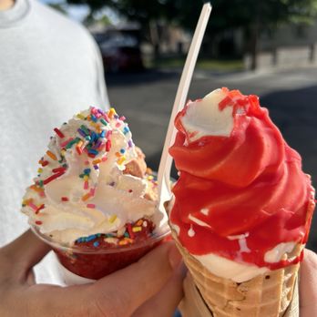 Pink Pony Soft Serve - The Dolly with sprinkles and a cherry dipped vanilla waffle cone. - Ice Cream & Frozen Yogurt Near Me - Albuquerque, New Mexico