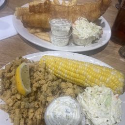 Whole belly clams and fish and chips. I was offered a vegetable in place of fries and was given my favorite, corn on the cob!!! Whole belly clams and fish and chips. I was offered a vegetable in place of fries and was given my favorite, corn on the cob!!!