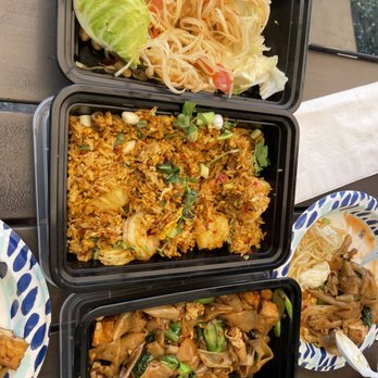 Bahn Thai - (From top to bottom): Papaya Salad, Pineapple Fried Rice, and Pad See Ew. - Thai Near Me - San Diego, California