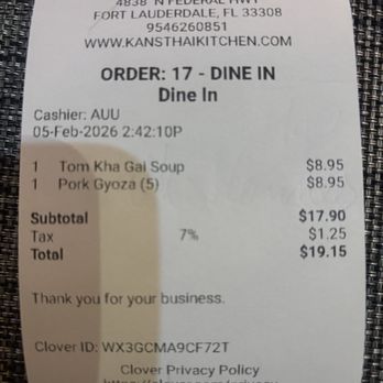 Kan’s Thai Kitchen - Receipt of my lunch bill today. - Thai Near Me - Fort Lauderdale, Florida