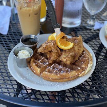 Brick & Mortar Cafe - Chicken and waffles with an iced hazelnut latte - Breakfast & Brunch Near Me - Albany, Oregon