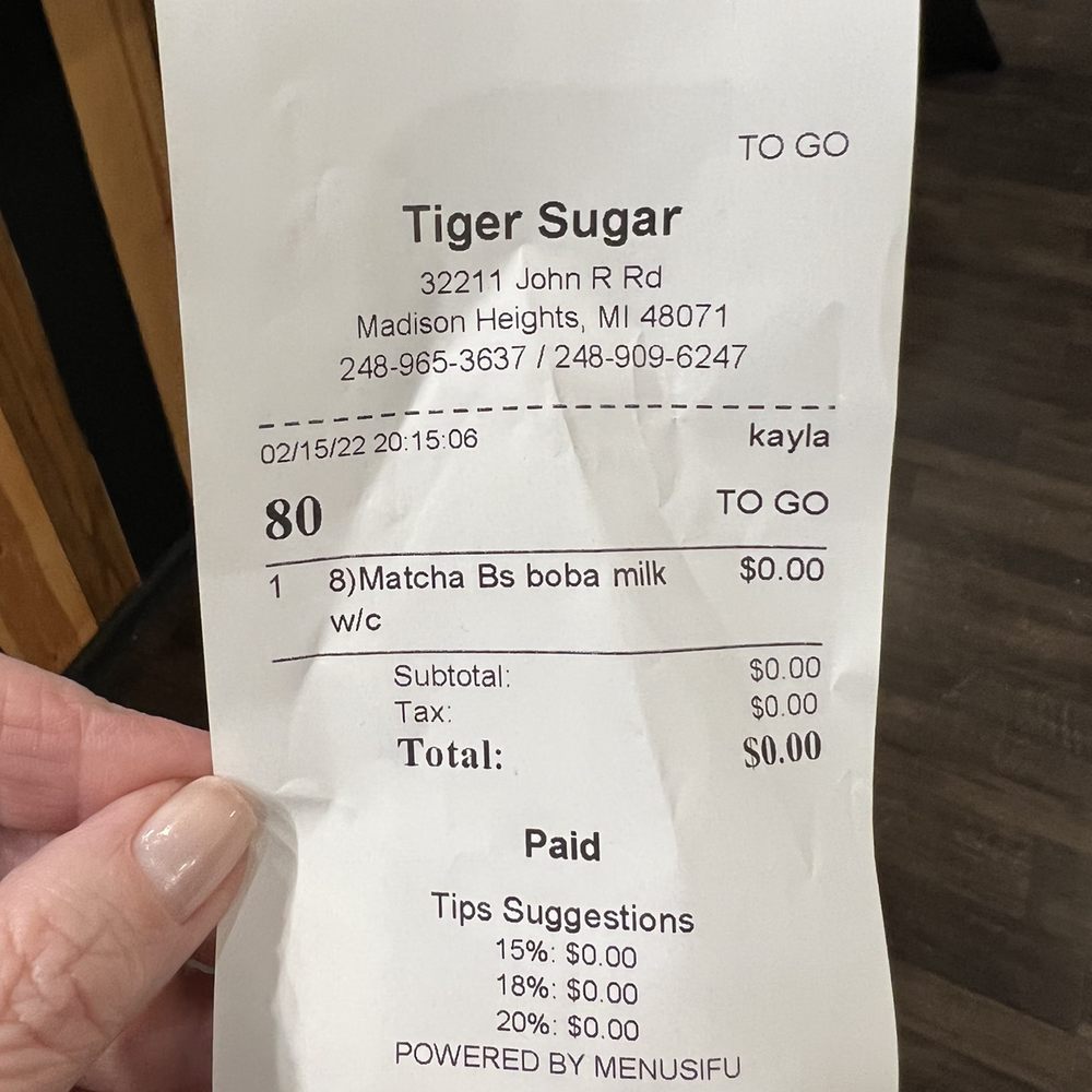 TIGER SUGAR - Free! Thanks to Yelp I just left a tip - Bubble Tea Near Me - Madison Heights, Michigan TIGER SUGAR - Free! Thanks to Yelp I just left a tip - Bubble Tea Near Me - Madison Heights, Michigan