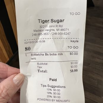 TIGER SUGAR - Free! Thanks to Yelp I just left a tip - Bubble Tea Near Me - Madison Heights, Michigan TIGER SUGAR - Free! Thanks to Yelp I just left a tip - Bubble Tea Near Me - Madison Heights, Michigan