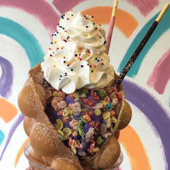 Double Three - Ube ice cream with original waffle, pocky, fruity pebbles and whipped cream - Ice Cream & Frozen Yogurt Near Me - Honolulu, Hawaii