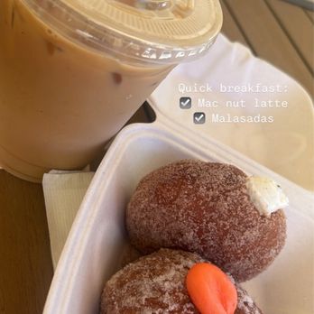 Passion Bakery Cafe - Mac nut iced latte and Malasadas (vanilla and POG) - Bakeries Near Me - Kapaa, Hawaii