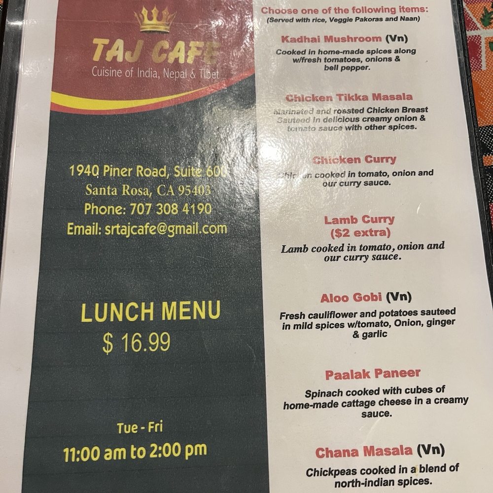 Taj Cafe - Lunch Menu - Indian Near Me - Santa Rosa, California