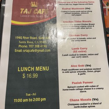 Taj Cafe - Lunch Menu - Indian Near Me - Santa Rosa, California