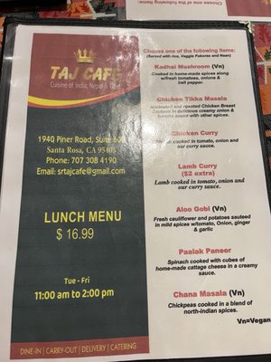 Menu photo 1 Taj Cafe Santa Rosa, CA