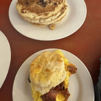 The Mecca Restaurant - Chocolate chip pancakes and a BEC breakfast sandwich on a biscuit!!!! - Breakfast & Brunch Near Me - Raleigh, North Carolina The Mecca Restaurant - Chocolate chip pancakes and a BEC breakfast sandwich on a biscuit!!!! - Breakfast & Brunch Near Me - Raleigh, North Carolina