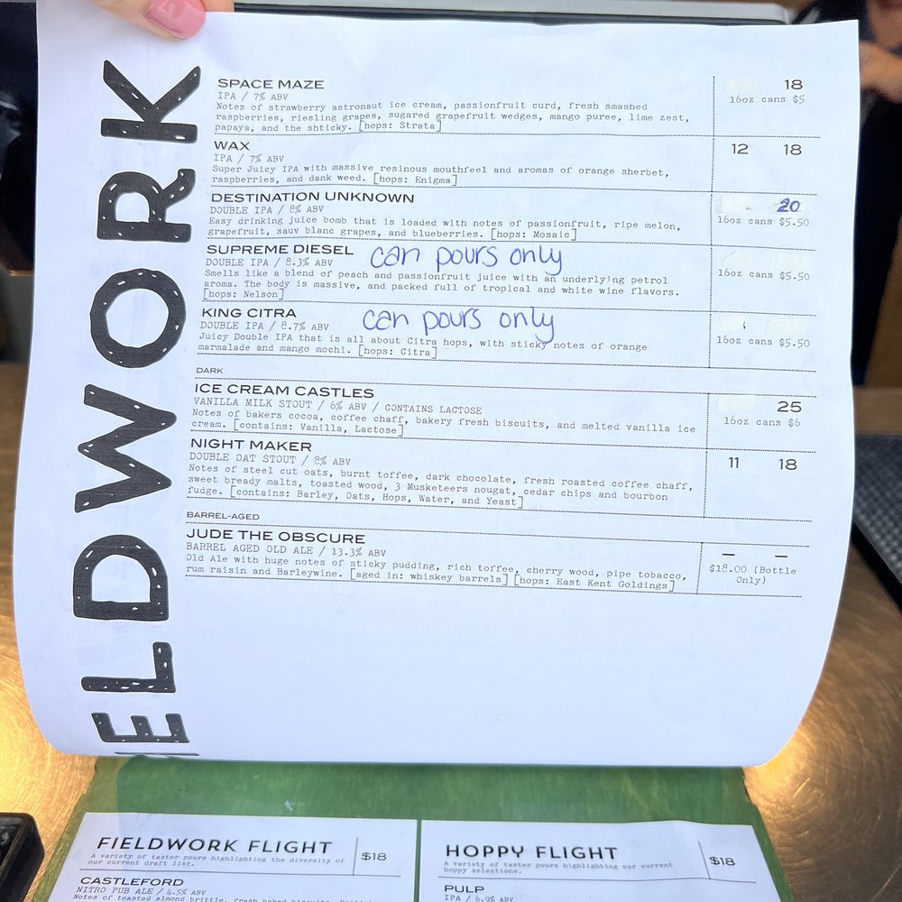 Fieldwork Brewing Company - Menu june 2023 - Beer Gardens Near Me - Monterey, California