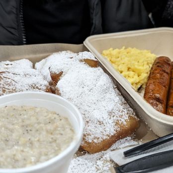 Beignet Spot - Breakfast Beignet- andouille sausage, scrambled egg, grits, beignet - Coffee & Tea Near Me - Riverside, California Beignet Spot - Breakfast Beignet- andouille sausage, scrambled egg, grits, beignet - Coffee & Tea Near Me - Riverside, California
