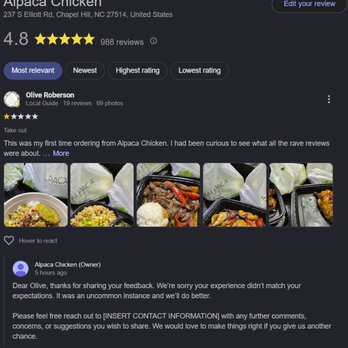 Alpaca Chicken - Updated Reply from the Owner regarding my Google Review: KEEP CHASING US FOR YOUR REFUND - Peruvian Near Me - Chapel Hill, North Carolina