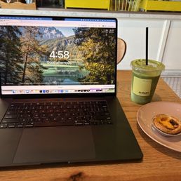 iced matcha latte, pastel de nata (portuguese egg tart) iced matcha latte, pastel de nata (portuguese egg tart)