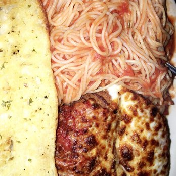 Leonore Restaurant - Chicken Parmesan (breaded chicken breast topped with fresh, homemade tomato sauce and melted mozzarella cheese. With a side of spaghetti) - Italian Near Me - Salem, Virginia
