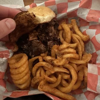 Wade BBQ - Brisket sandwich with curly fries - Barbeque Near Me - Somerville, Massachusetts