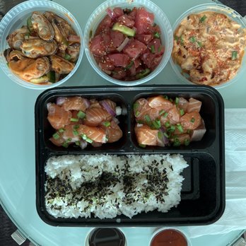 Poke Express - 1/2 lb Kimchi Mussels, 1/2 lb Sweet Chili Ahi Poke, 1/4 lb ahi spicy lava flow and two choice Salmon Poke with Sauce on the side - Poke Near Me - Henderson, Nevada Poke Express - 1/2 lb Kimchi Mussels, 1/2 lb Sweet Chili Ahi Poke, 1/4 lb ahi spicy lava flow and two choice Salmon Poke with Sauce on the side - Poke Near Me - Henderson, Nevada
