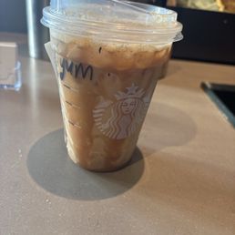 Iced brown sugar, shaken espresso with caramel drizzle Iced brown sugar, shaken espresso with caramel drizzle
