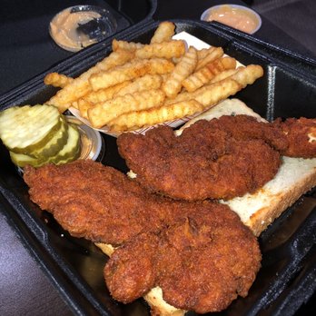 Dave's Hot Chicken - Combo #1 - Two Tenders (comes on top of two slices of white bread) and both "medium" with fries. - Chicken Shop Near Me - Indio, California