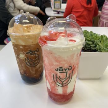 Joyu Tea & Coffee - Strawberry Yogurt (large) + crystal boba and Creamy Thai Tea Cold (large) with brown sugar boba - Bubble Tea Near Me - Virginia Beach, Virginia Joyu Tea & Coffee - Strawberry Yogurt (large) + crystal boba and Creamy Thai Tea Cold (large) with brown sugar boba - Bubble Tea Near Me - Virginia Beach, Virginia