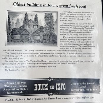 The Trading Post - History on the back of menu - New American Near Me - Shaver Lake, California The Trading Post - History on the back of menu - New American Near Me - Shaver Lake, California
