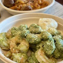 Gnocchi Bella - BUILD YOUR OWN - Spinach & Ricotta Gnocchi w/ Pesto Sauce, Burrata, Grated Parmigiano Reggiano, and Shrimp.