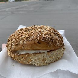 Mountain Man bagel with plain cream cheese Mountain Man bagel with plain cream cheese