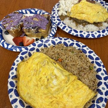 Joe's Grill Express - adobo omelette - comes with fried rice (SUPER good), ube french toast (soft, moist), special loco moco (THICK patty and packs flavor!) - American Near Me - Honolulu, Hawaii