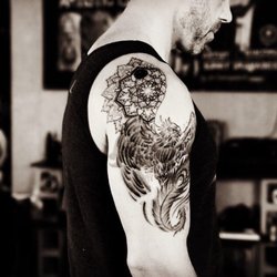 Freehand Tattoo - This is also a bird of phoenix rising into a yin and yang Mandala this is a cover up piece and it's only 1/2 way done looks awesome!