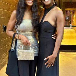 AKIRA - Living life like it's golden! Mothering Justice gala with my daughter. Dress as a top paired with wide-leg slacks, with the golden bag.