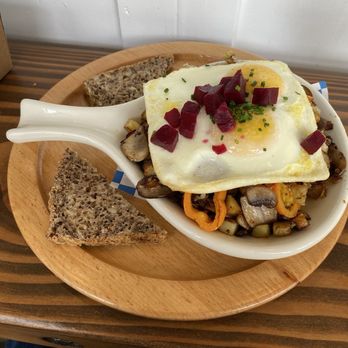 Broder - Potato, pepper and mushroom hash topped with soft baked eggs and beets. Simply amazing! - Scandinavian Near Me
