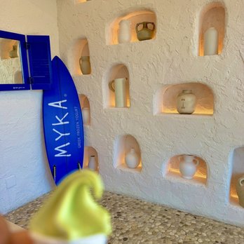 MYKA - MYKA matcha Greek froyo sample and the interior decor of all objects aka white - Ice Cream & Frozen Yogurt Near Me - San Diego, California MYKA - MYKA matcha Greek froyo sample and the interior decor of all objects aka white - Ice Cream & Frozen Yogurt Near Me - San Diego, California