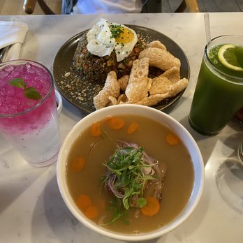 Bone Kettle - Lychee dragonfruit lemonade (left), nasi goreng (top), matcha lemonade (right), bone kettle noodles + broth (bottom) - Breakfast & Brunch Near Me - Pasadena, California Bone Kettle - Lychee dragonfruit lemonade (left), nasi goreng (top), matcha lemonade (right), bone kettle noodles + broth (bottom) - Breakfast & Brunch Near Me - Pasadena, California