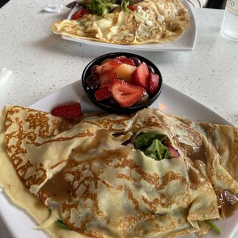 Euro Caffe - Spinach breakfast crepe with salad and Chicken Florentine crepe with fruit bowl. - Coffee & Tea Near Me - Santa Ana, California Euro Caffe - Spinach breakfast crepe with salad and Chicken Florentine crepe with fruit bowl. - Coffee & Tea Near Me - Santa Ana, California