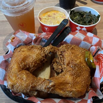 Hattie B's Hot Chicken- Atlanta West Midtown - Large Dark Chicken meal (two leg and thigh quarters), mild spicy level,  and two sides: pimiento mac and cheese, and greens. - Southern Near Me - Atlanta, Georgia