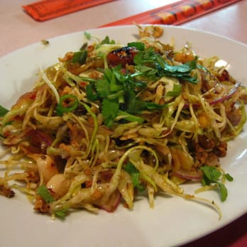 Yamo - Tea salad - tea leave, cabbage, fresh tomato, onion, dried shrimp, and variety of fried bean, nuts, and sesame seeds (3.22.10) - Burmese Near Me - San Francisco, California Yamo - Tea salad - tea leave, cabbage, fresh tomato, onion, dried shrimp, and variety of fried bean, nuts, and sesame seeds (3.22.10) - Burmese Near Me - San Francisco, California