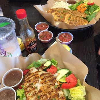 Hook'd Fish Grill - Salad w/ white fish & white fish (Cajun style) w/ rice & salad - Seafood Near Me - Northridge, California Hook'd Fish Grill - Salad w/ white fish & white fish (Cajun style) w/ rice & salad - Seafood Near Me - Northridge, California