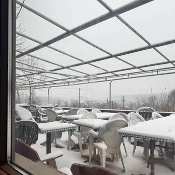 Sunset Grill - Patio area with multiple tables and chairs covered in snow, viewed through a window. The patio has a metal framework overhead, and the background shows a cloudy sky, power lines, and leafless trees, indicating winter weather. - American Near Me - Ithaca, New York