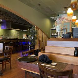 Sushi bar to the right, grill to the left