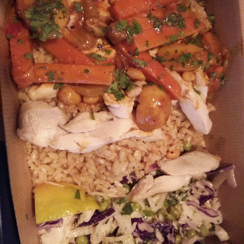 Moroccan chicken with brown rice and coleslaw-like veggies. Gluten free! Also tasty. Moroccan chicken with brown rice and coleslaw-like veggies. Gluten free! Also tasty.