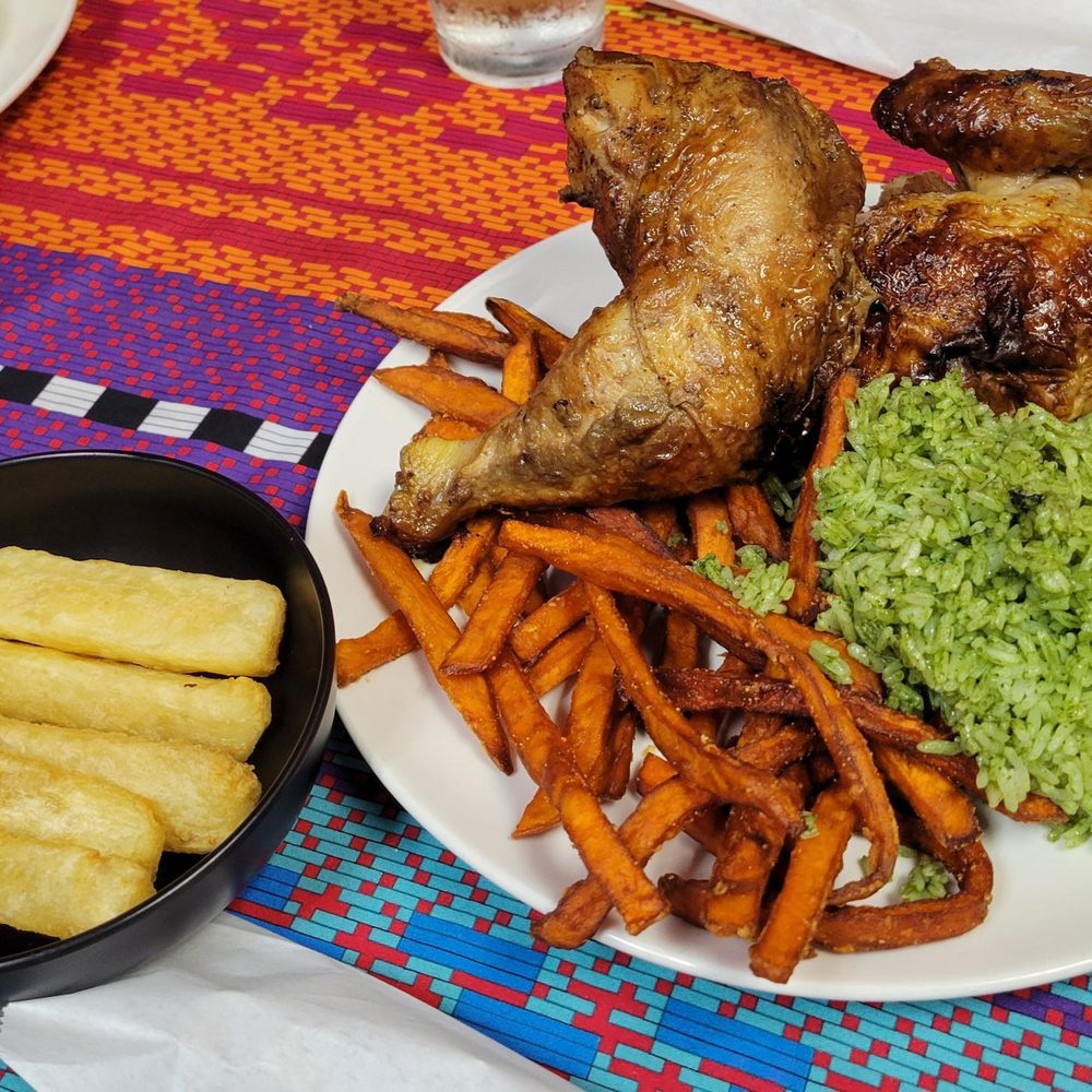 Peruvian Chicken - 1/2 chicken with 2 sides - sweet potatoes & cilantro rice. Fried cassava added in for the picture. - Peruvian Near Me - Oviedo, Florida Peruvian Chicken - 1/2 chicken with 2 sides - sweet potatoes & cilantro rice. Fried cassava added in for the picture. - Peruvian Near Me - Oviedo, Florida