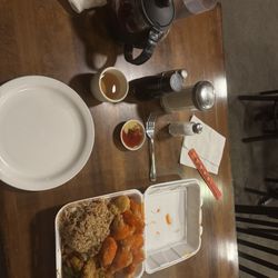 New Chinese Cuisine - Dinner combo plate fried rice, Mongolian, beef, spicy, and orange chicken