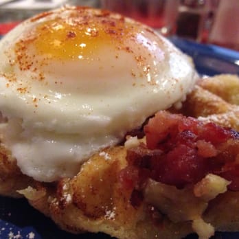 Shaky Alibi - Savory waffle with crumbled bacon, smoked Gouda, topped with a poached egg ($11) - Coffee & Tea Near Me - Los Angeles, California Shaky Alibi - Savory waffle with crumbled bacon, smoked Gouda, topped with a poached egg ($11) - Coffee & Tea Near Me - Los Angeles, California
