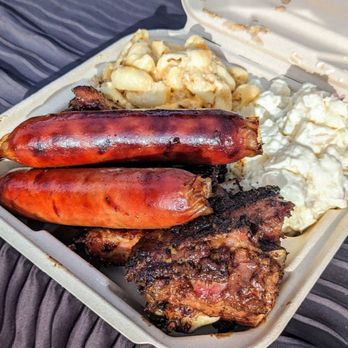 Drew’s Barbecue - Pork ribs hot off the grill with links. Side of potato salad and mac and cheese. - Barbeque Near Me - San Francisco, California