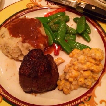 III Forks - Filet mignon with whipped potatoes and gravy, snap peas, creamed corn. - Steakhouses Near Me - Austin, Texas
