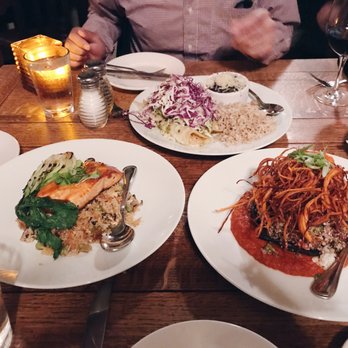 Robins Restaurant - Left: Ginger Miso Glazed Skuna Bay Salmon // Right: Stuffed Portobello Mushroom // Back: Wild Prawn Enchiladas - New American Near Me - Cambria, California Robins Restaurant - Left: Ginger Miso Glazed Skuna Bay Salmon // Right: Stuffed Portobello Mushroom // Back: Wild Prawn Enchiladas - New American Near Me - Cambria, California
