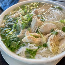 Chicken Noodle Soup - Phở Gà - Poached chicken with rice noodles, scallion, cilantro in ginger-chicken broth with bean sprouts, Thai basil Chicken Noodle Soup - Phở Gà - Poached chicken with rice noodles, scallion, cilantro in ginger-chicken broth with bean sprouts, Thai basil