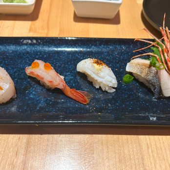 Hamono Sushi - (Left to Right): scallop, sweet shrimp, squid, and akami - Japanese Near Me - Portland, Oregon