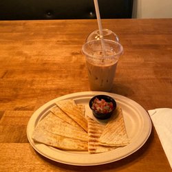 The Village Grind - Cheese quesadilla and iced latte